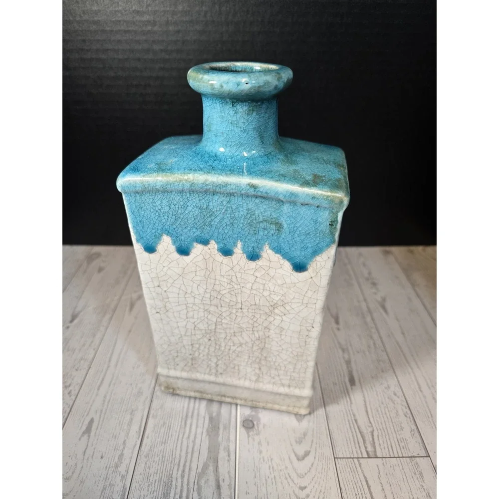 *Vintage Studio Pottery Vase Turquoise Drip Glaze White Crackle Square Modernist